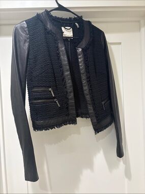 Rebecca Taylor Black Tweed and Leather Fringe-Trim Jacket